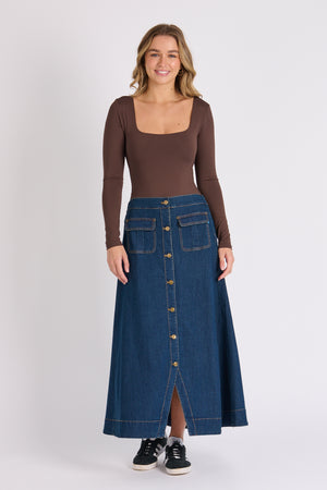 One Ten Willow Cargo Pocket Maxi Skirt - Dark Denim