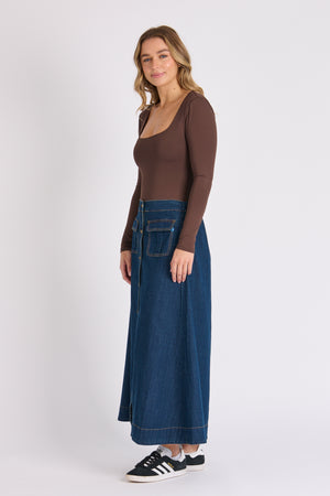 One Ten Willow Cargo Pocket Maxi Skirt - Dark Denim