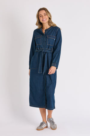 One Ten Willow Tie Waist Midi Dress - Dark Denim