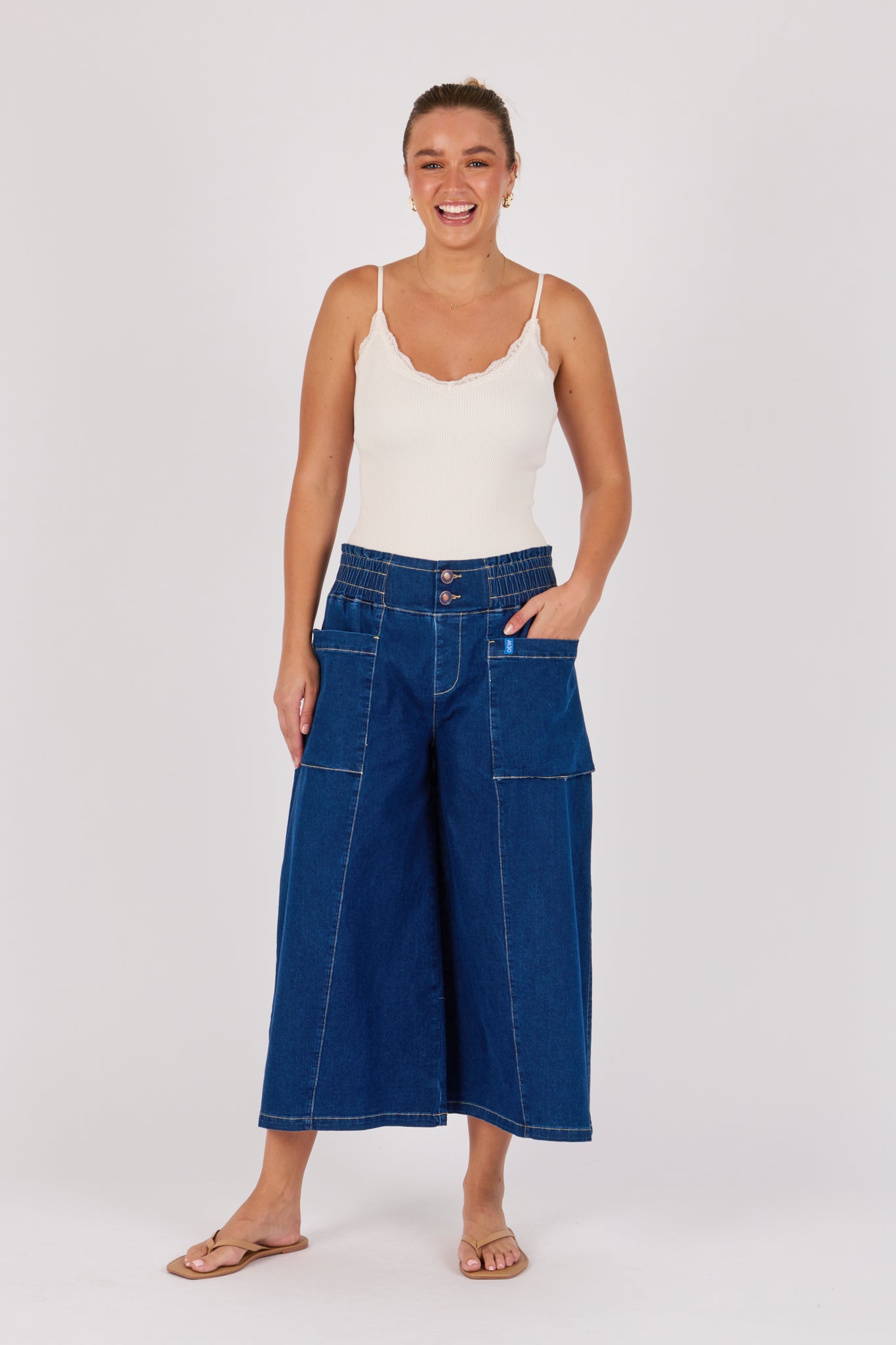One Ten Willow Patch Pocket Wide Leg Jean - Dark Blue