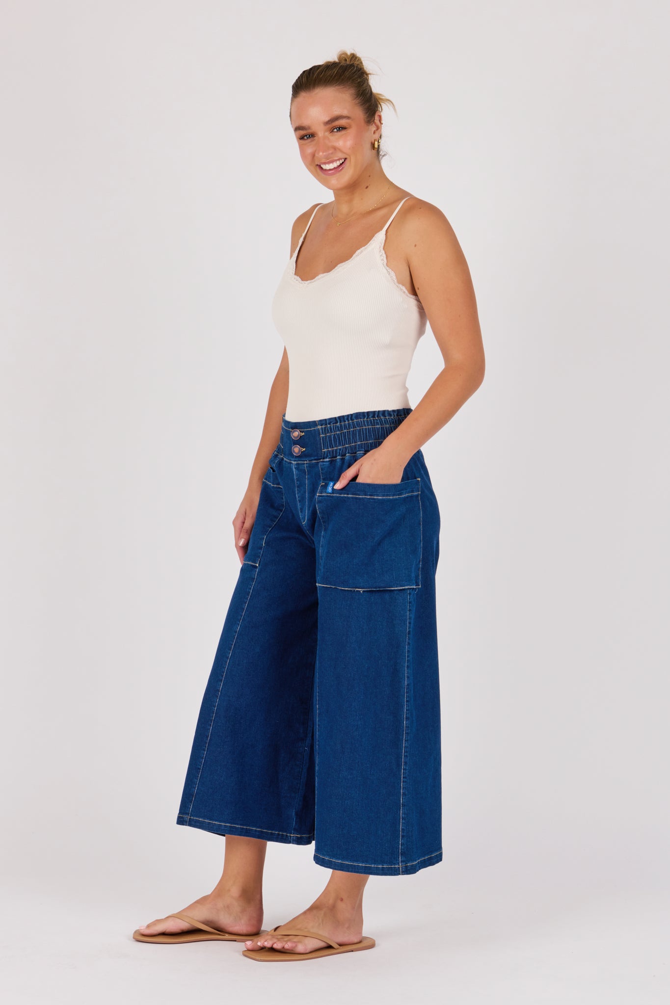 One Ten Willow Patch Pocket Wide Leg Jean - Dark Blue