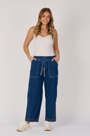 One Ten Willow Tie Waist Baggy Jeans - Dark Blue