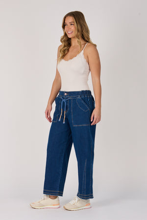 One Ten Willow Tie Waist Baggy Jeans - Dark Blue