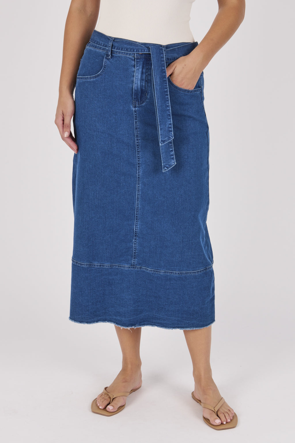 One Ten Willow Hem Panel Detail Midi Skirt - Mid Blue