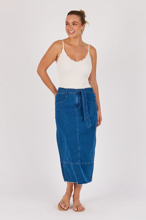 One Ten Willow Hem Panel Detail Midi Skirt - Mid Blue