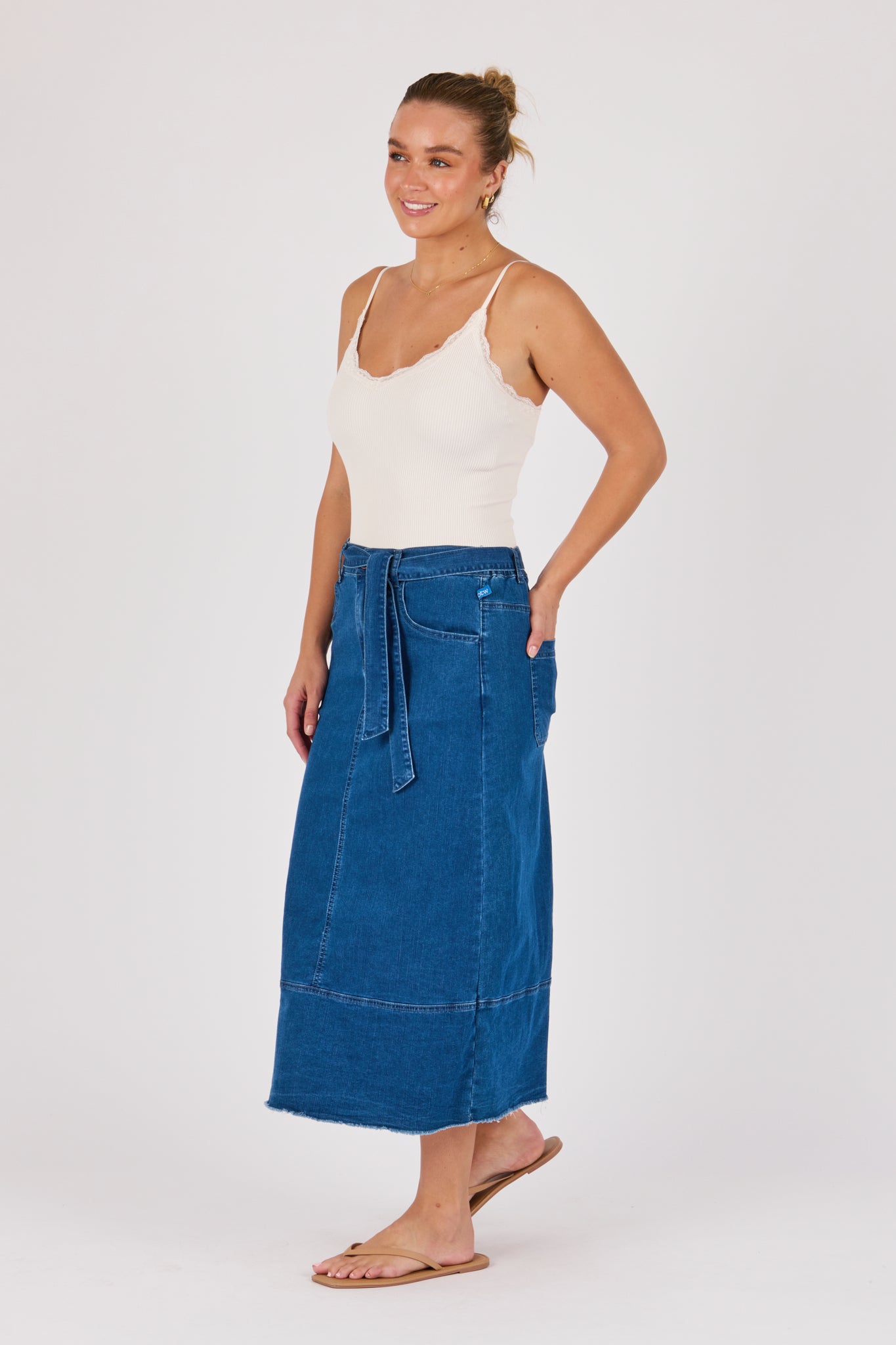 One Ten Willow Hem Panel Detail Midi Skirt - Mid Blue