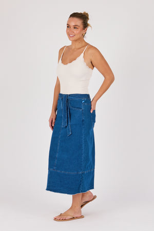 One Ten Willow Hem Panel Detail Midi Skirt - Mid Blue