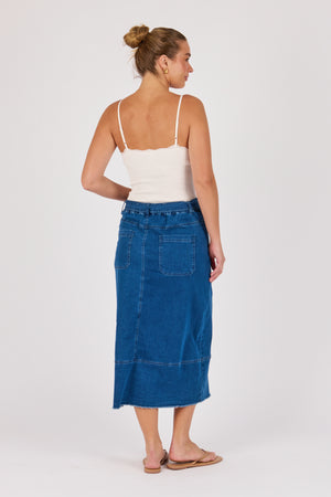 One Ten Willow Hem Panel Detail Midi Skirt - Mid Blue