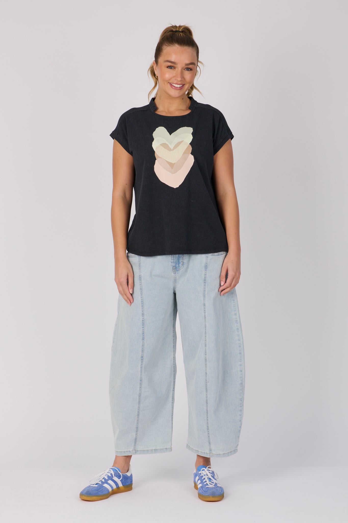One Ten Willow Half Collar Shell Tee - Black Falling HeartsPink Hearts