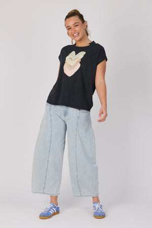 One Ten Willow Half Collar Shell Tee - Black Falling HeartsPink Hearts
