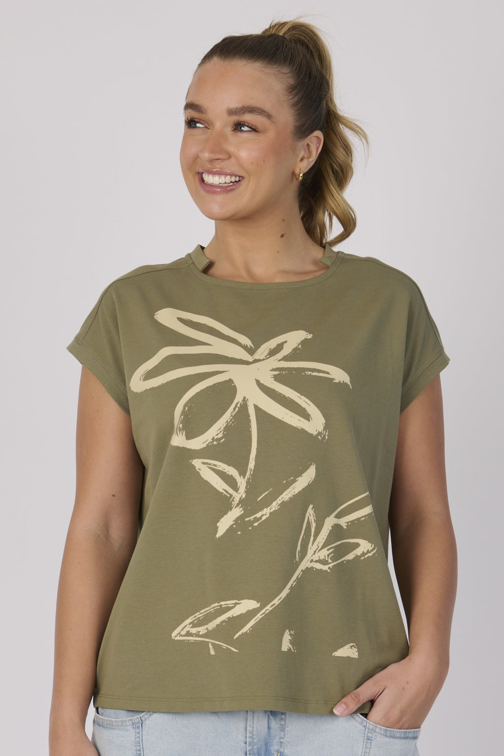 One Ten Willow Half Collar Shell Tee - Sage Flower