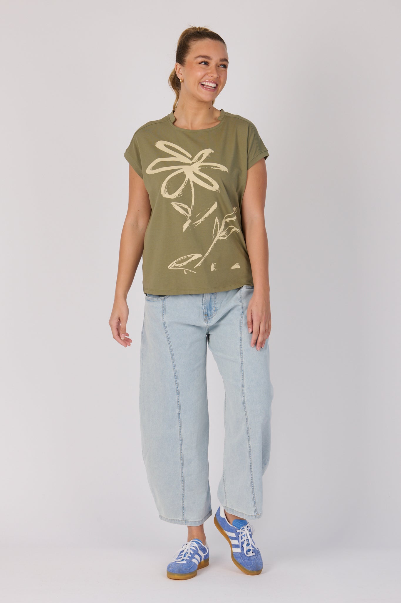 One Ten Willow Half Collar Shell Tee - Sage Flower