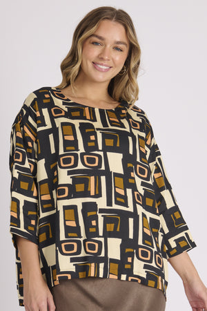 Ellis and Dewey Boxy Scoop Hem Top - Olive Geometric