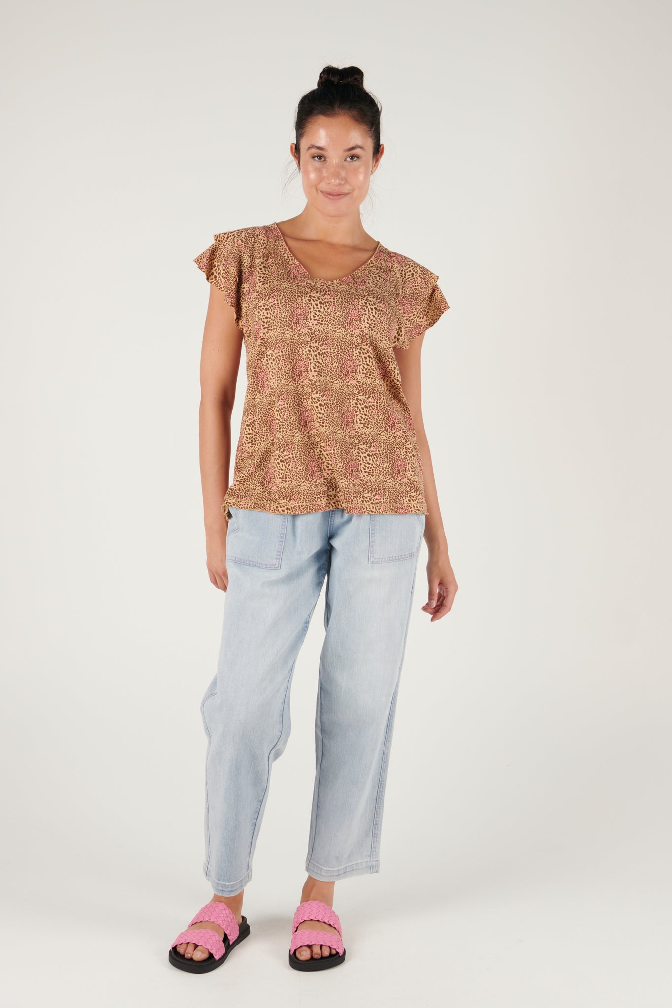 Ellis and Dewey V-Neck Flutter Sleeve Tee - Tan Animal