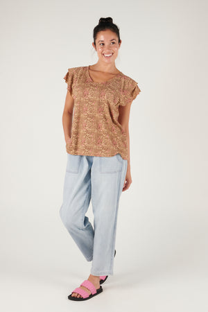 Ellis and Dewey V-Neck Flutter Sleeve Tee - Tan Animal