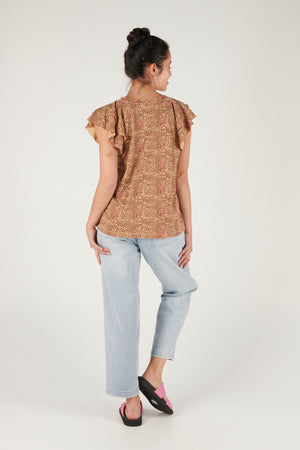 Ellis and Dewey V-Neck Flutter Sleeve Tee - Tan Animal