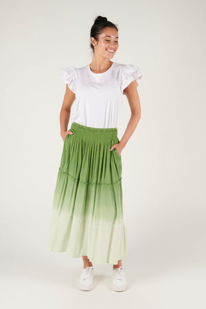 Ellis and Dewey Shirred Waist Tiered Maxi Skirt - Green Dip Dye