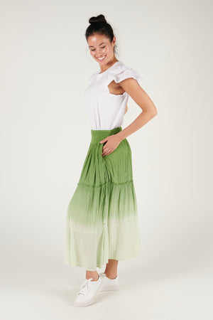 Ellis and Dewey Shirred Waist Tiered Maxi Skirt - Green Dip Dye