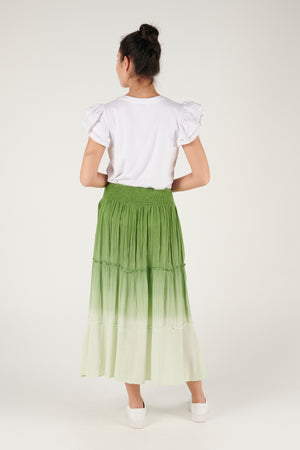 Ellis and Dewey Shirred Waist Tiered Maxi Skirt - Green Dip Dye