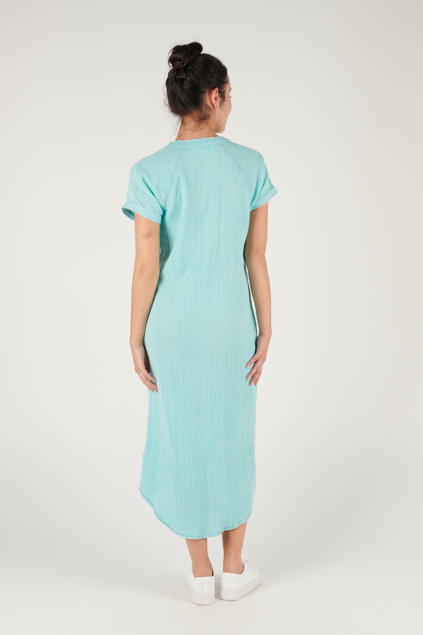 Ellis and Dewey Button Through Cap Sleeve Dress - Washed Aqua