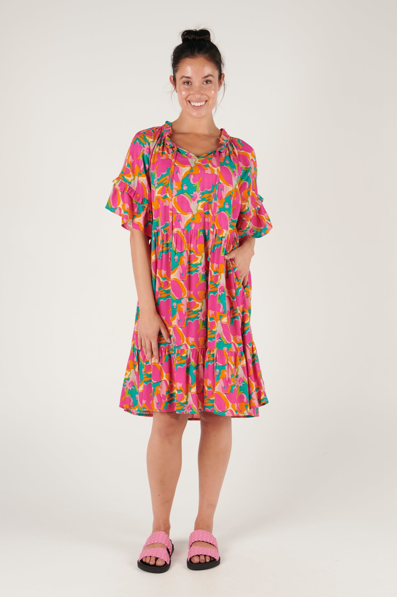 Ellis and Dewey Flutter Sleeve Ruffle Dress - Bold Floral