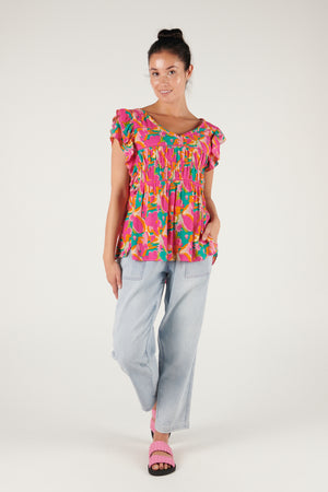 Ellis and Dewey Flutter Sleeve Top - Bold Floral