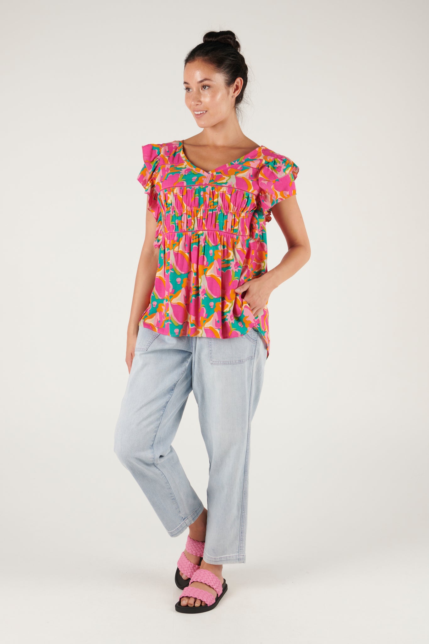 Ellis and Dewey Flutter Sleeve Top - Bold Floral