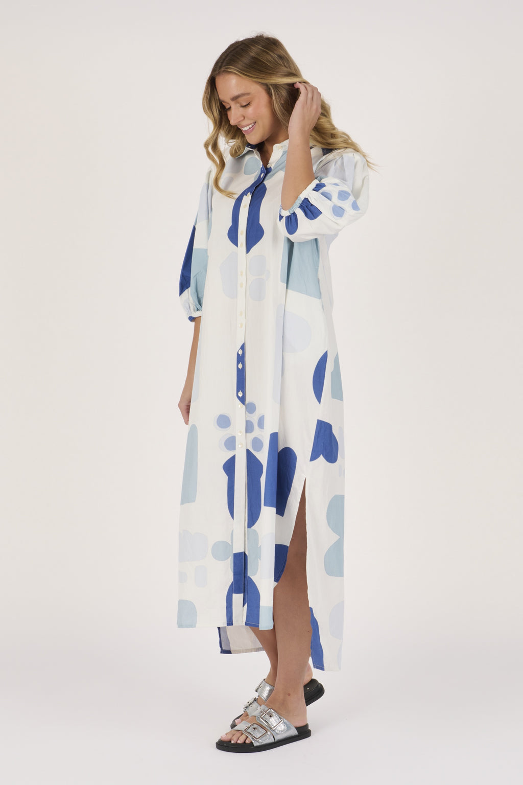 Ellis and Dewey Longline Puff Sleeve Dress - Mediterranean Blue