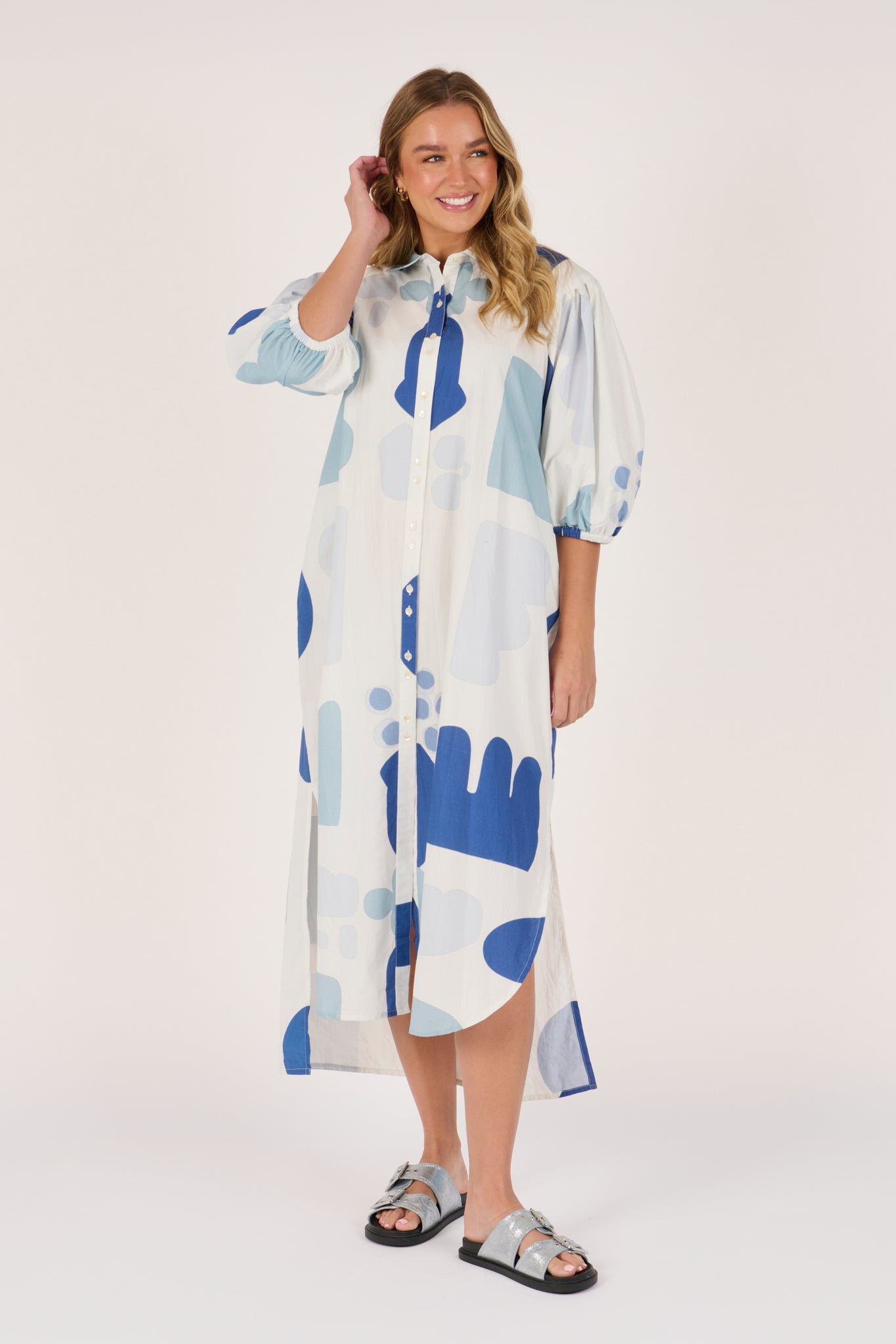 Ellis and Dewey Longline Puff Sleeve Dress - Mediterranean Blue