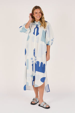 Ellis and Dewey Longline Puff Sleeve Dress - Mediterranean Blue
