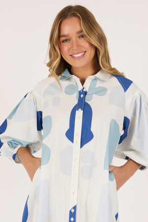 Ellis and Dewey Longline Puff Sleeve Dress - Mediterranean Blue