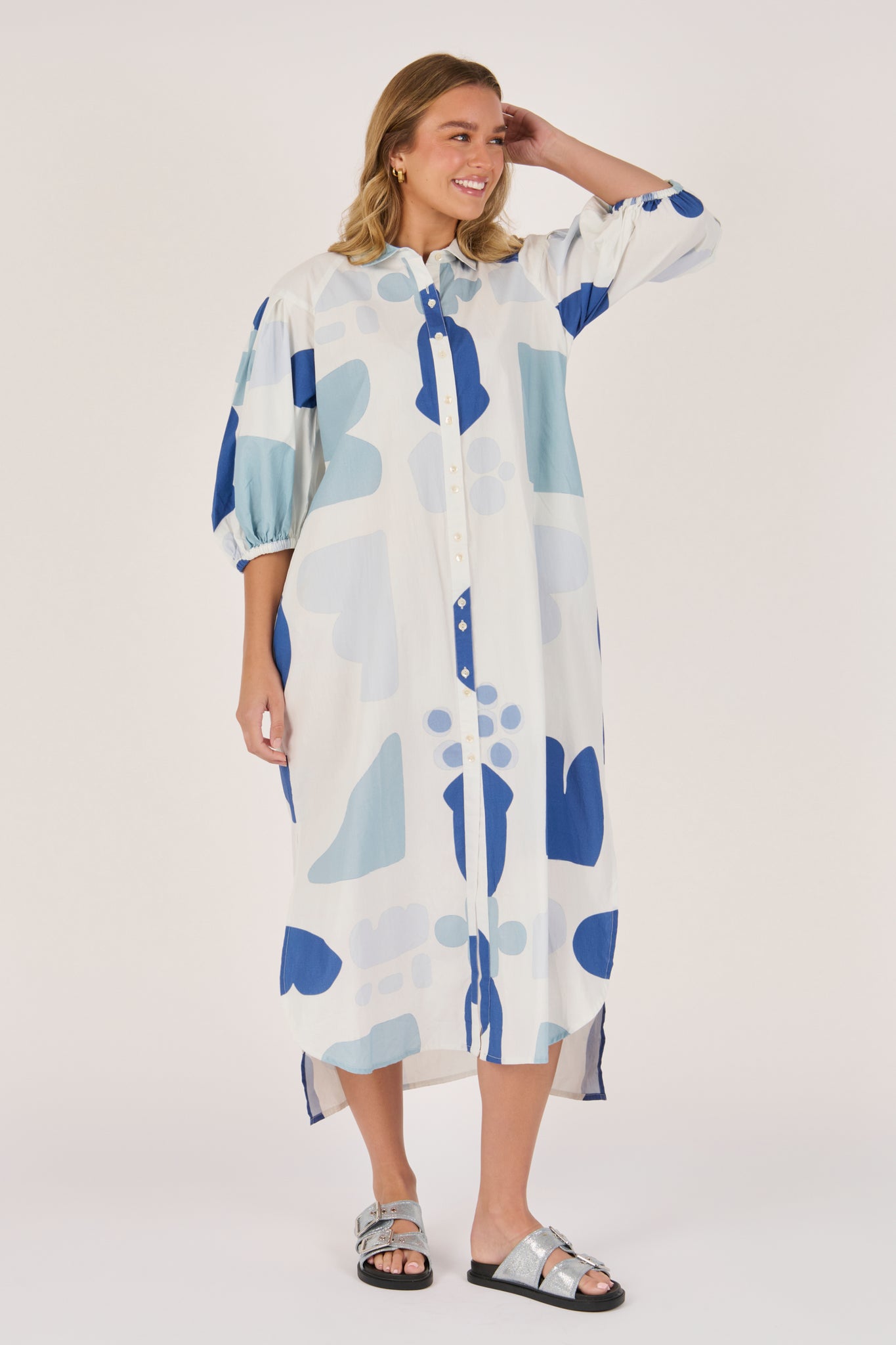 Ellis and Dewey Longline Puff Sleeve Dress - Mediterranean Blue