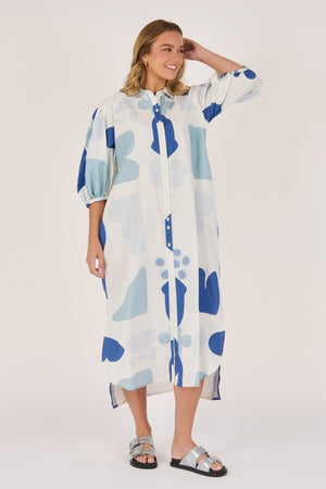 Ellis and Dewey Longline Puff Sleeve Dress - Mediterranean Blue