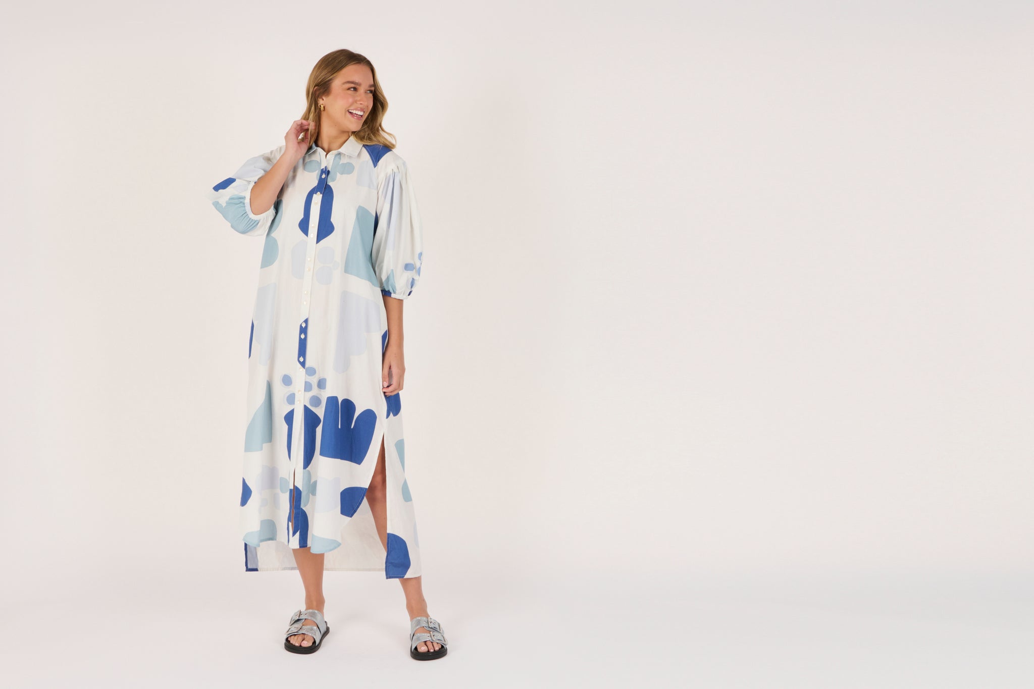 Ellis and Dewey Longline Puff Sleeve Dress - Mediterranean Blue
