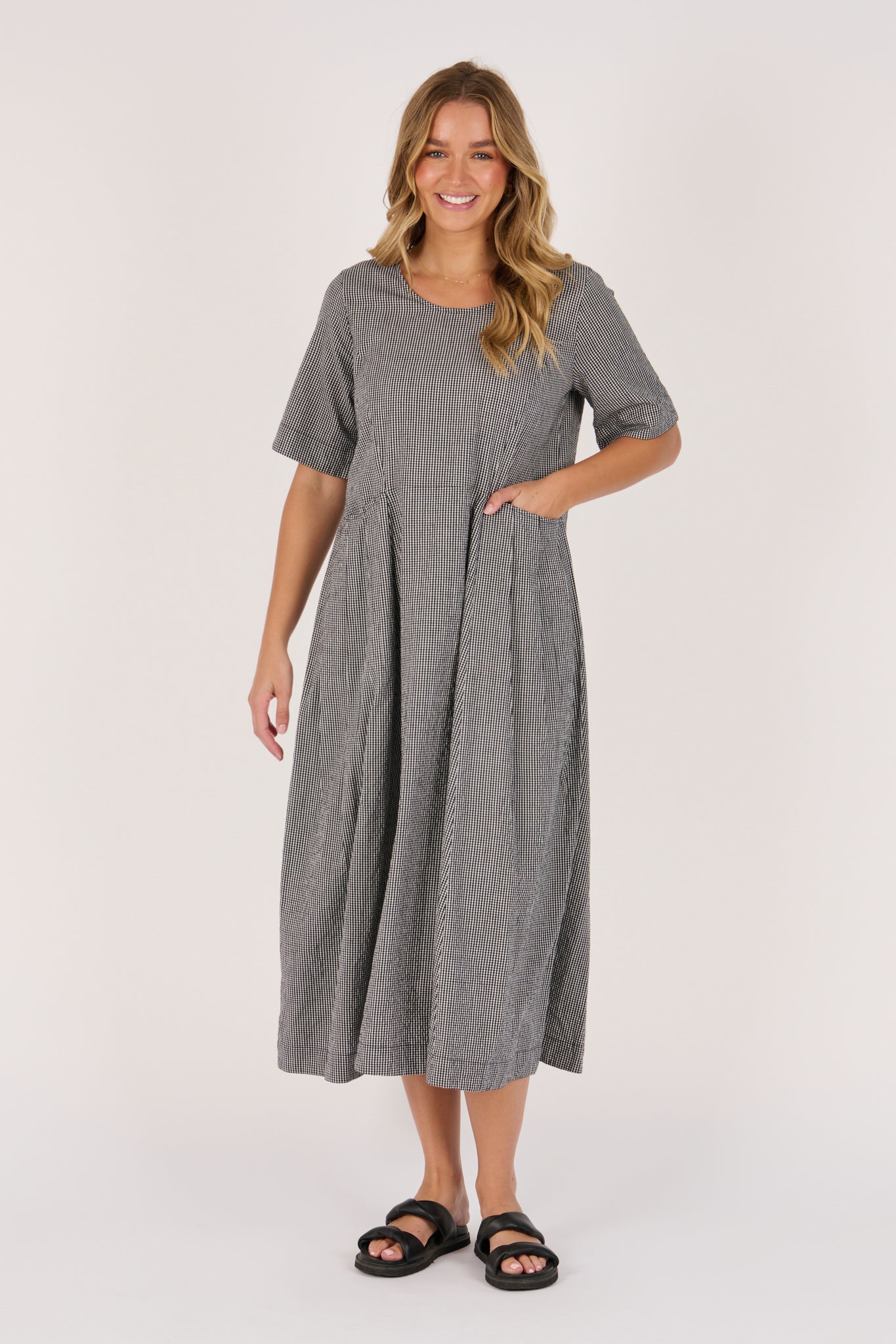 Ellis and Dewey Pleat Pocket Dress - Black Check
