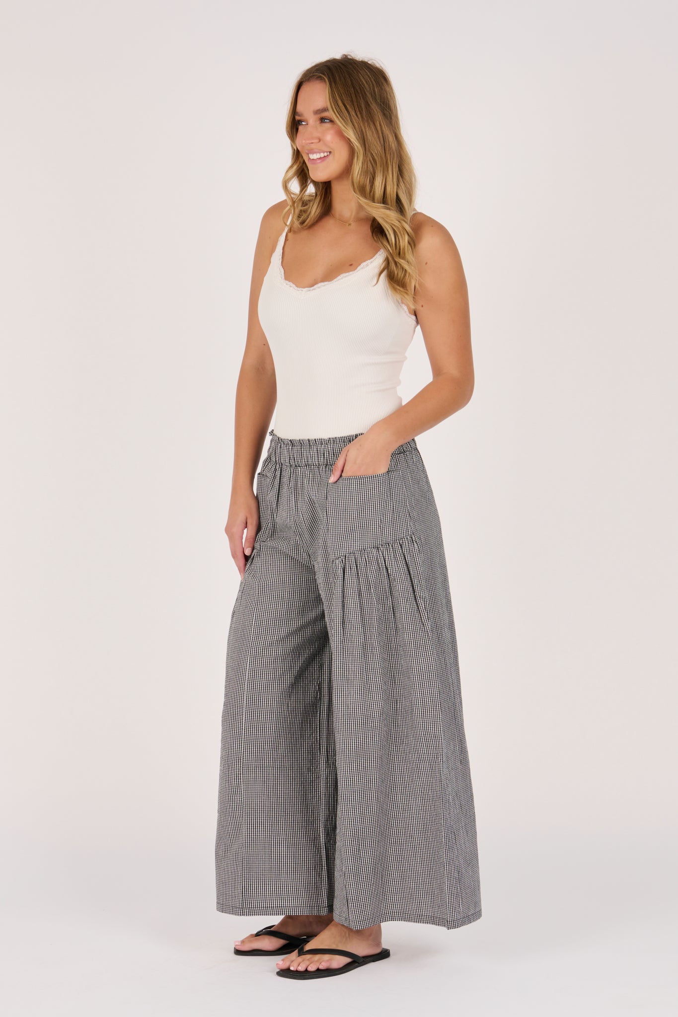 Ellis and Dewey Gather Detail Pant - Black Check
