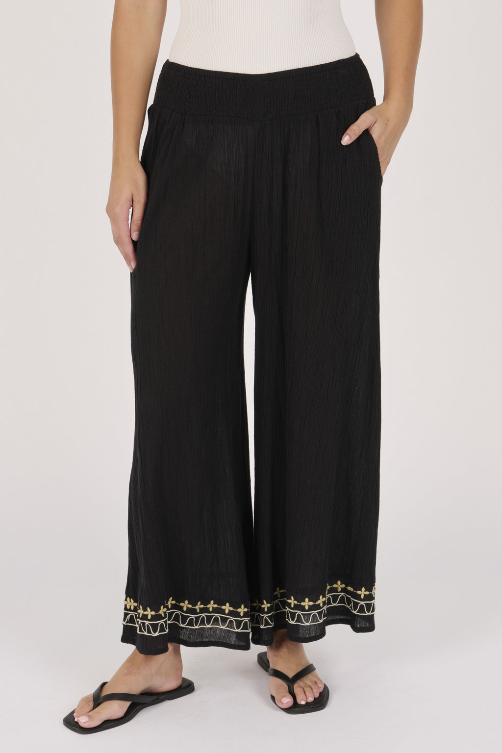 Ellis and Dewey Shirred Waist Wide Leg Pant - Black