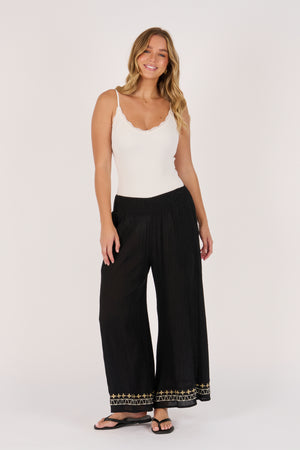 Ellis and Dewey Shirred Waist Wide Leg Pant - Black