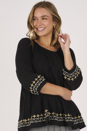 Ellis and Dewey Gathered Neck Blouse - Black