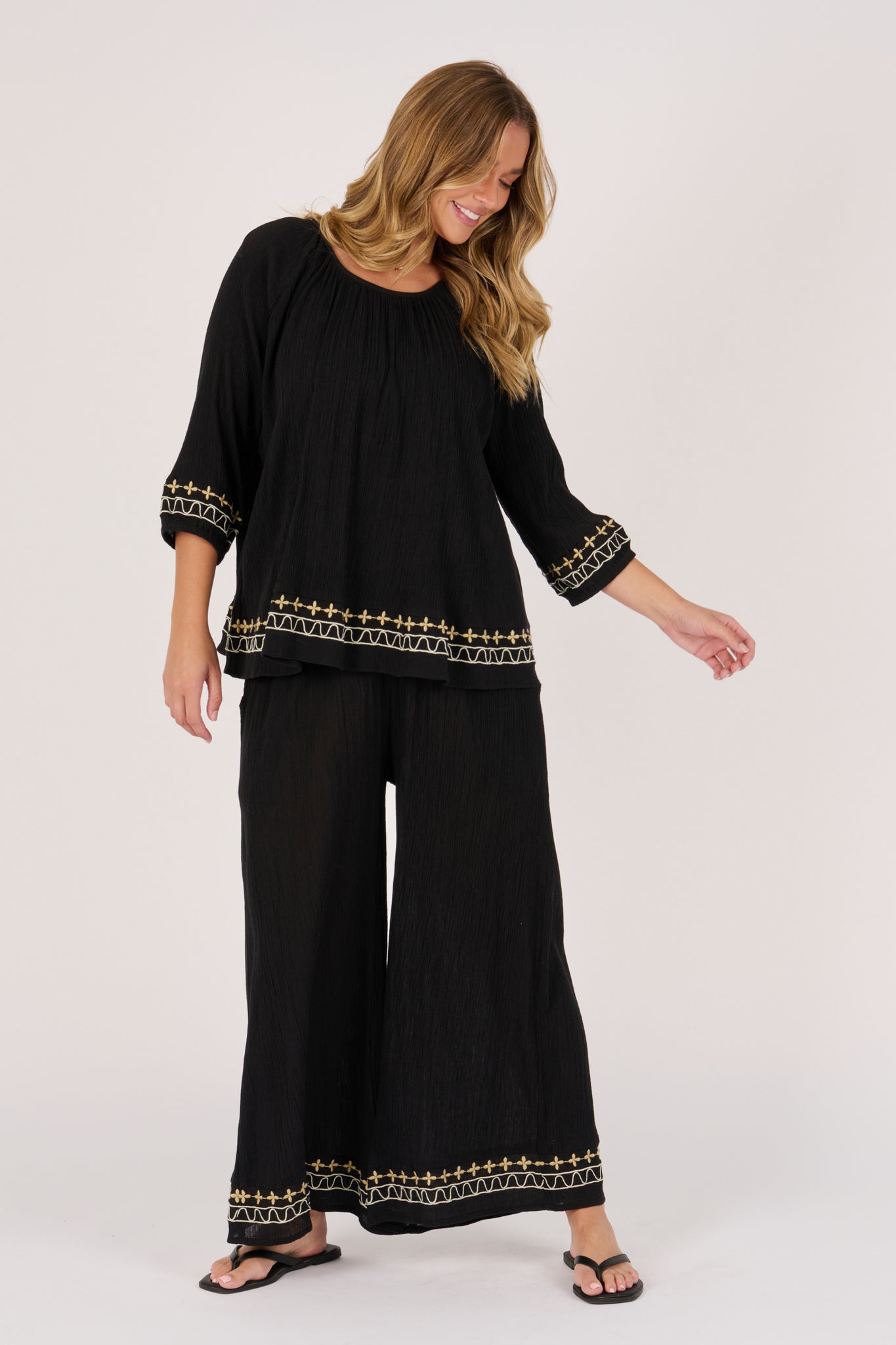 Ellis and Dewey Gathered Neck Blouse - Black