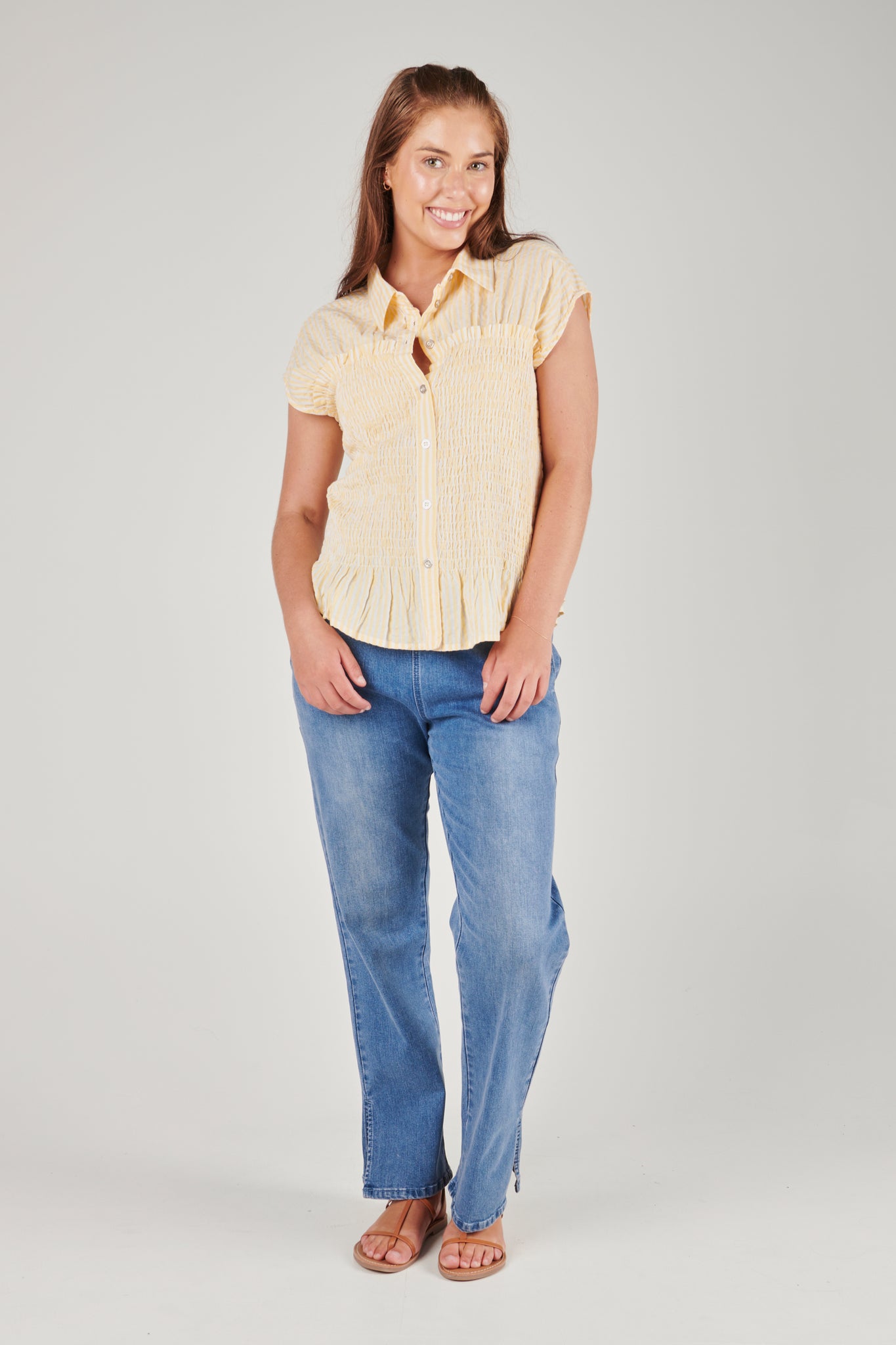 ALBTM Shirred Waist Blouse - Yellow/White