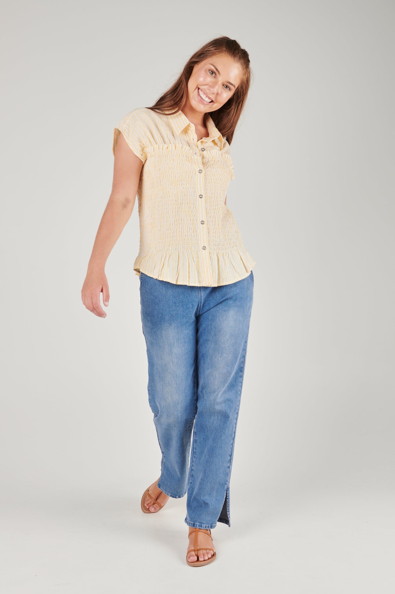 ALBTM Shirred Waist Blouse - Yellow/White