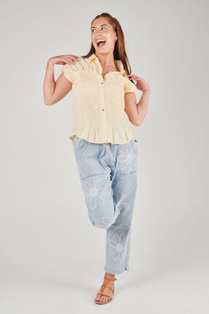 ALBTM Shirred Waist Blouse - Yellow/White