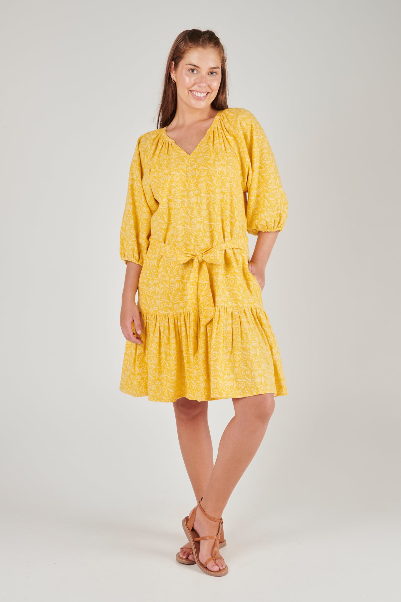 ALBTM Waist Tie Raglan Sleeve Dress - Sunny Yellow Floral