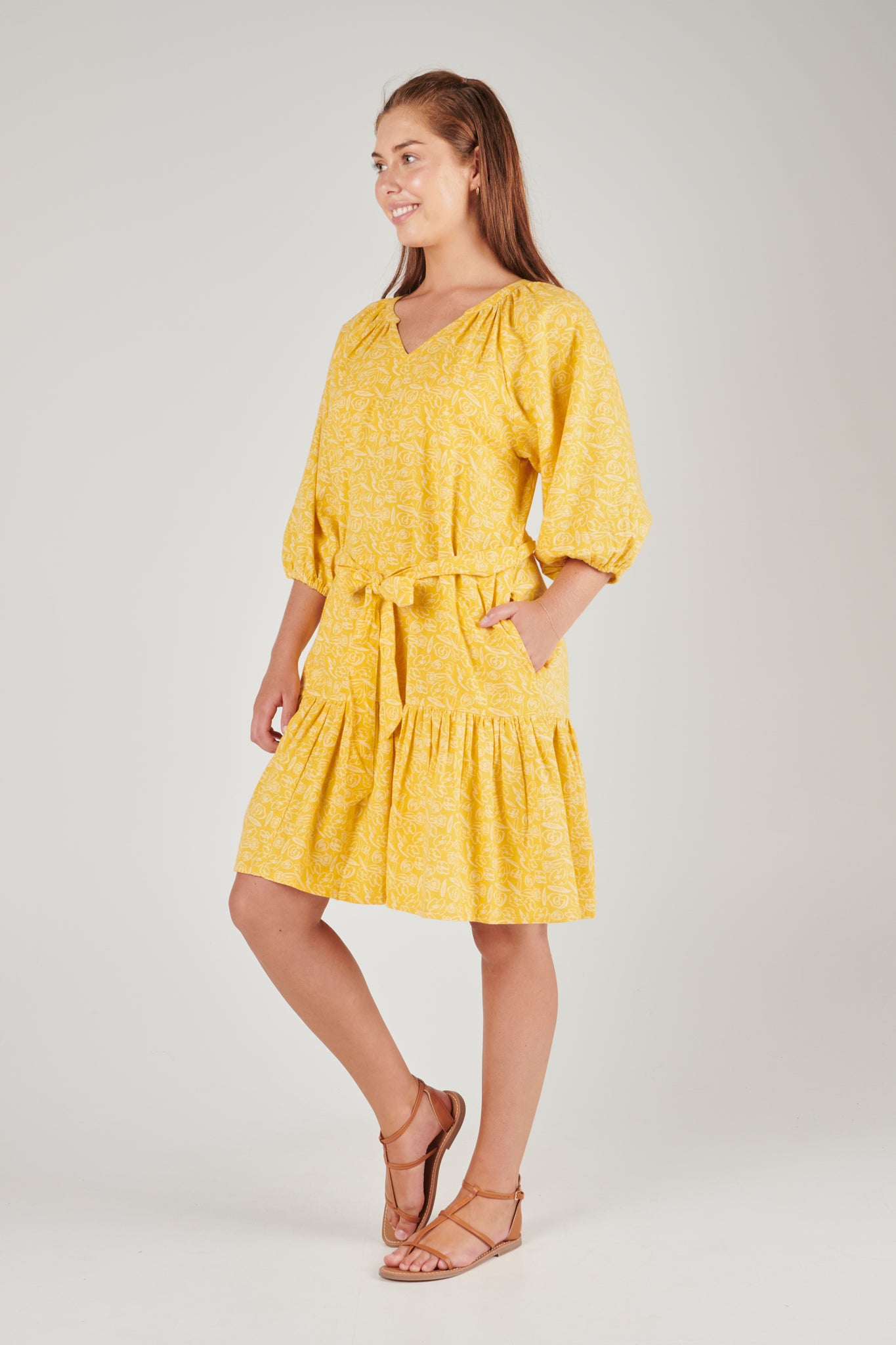 ALBTM Waist Tie Raglan Sleeve Dress - Sunny Yellow Floral