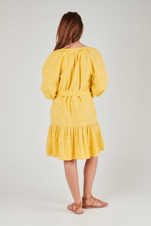 ALBTM Waist Tie Raglan Sleeve Dress - Sunny Yellow Floral