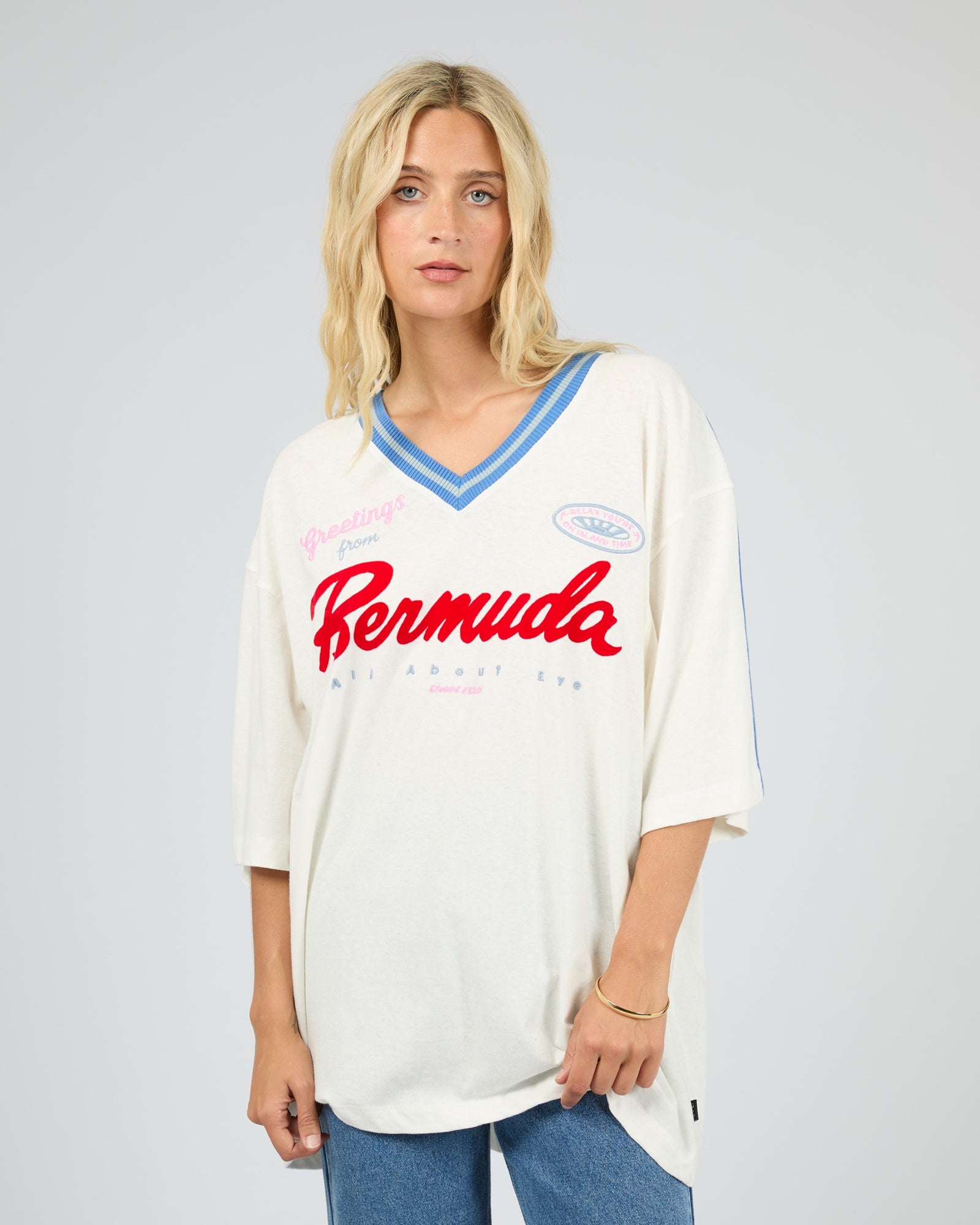 All About Eve Bermuda Oversized V Neck Tee - Vintage White