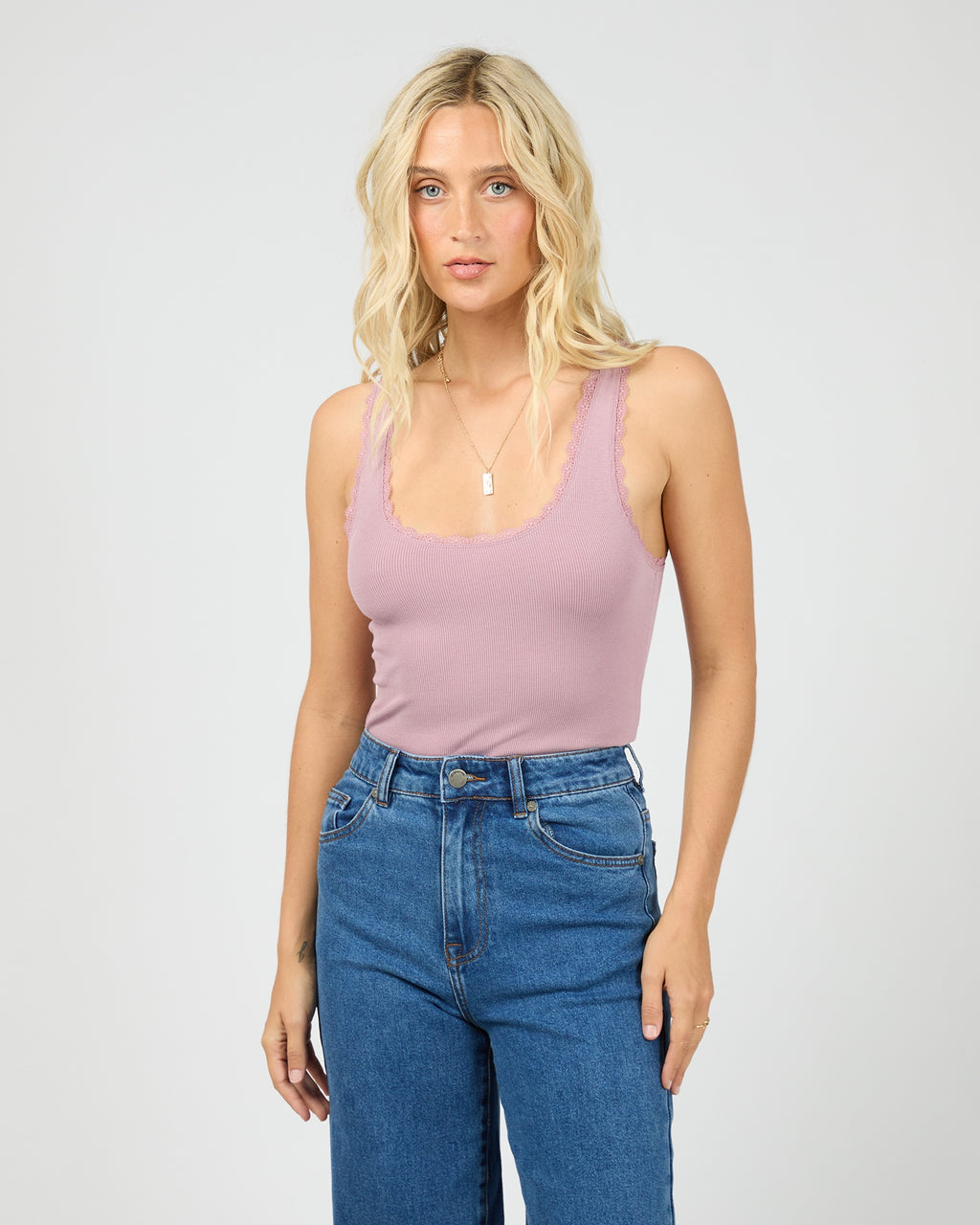 All About Eve Wash Rib Lace Tank - Quartz