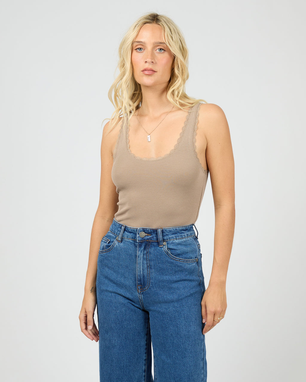 All About Eve Wash Rib Lace Tank - Stone