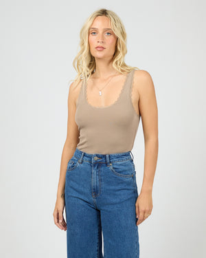All About Eve Wash Rib Lace Tank - Stone
